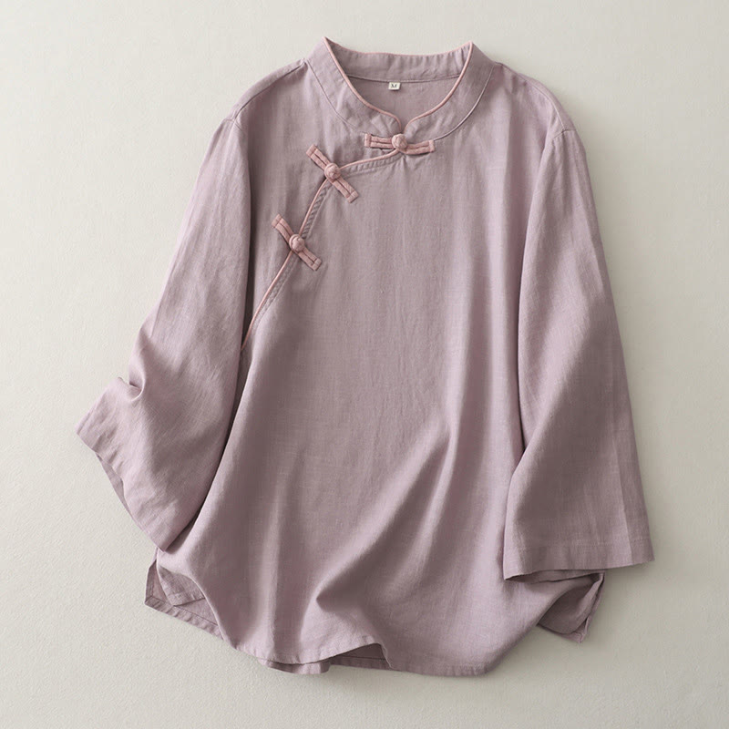 Buddha Stones無地 斜めボタン コットンリネン レディース シャツ - アザミ - US12、 UK/AU16、 EU44 (2XL) - image 3