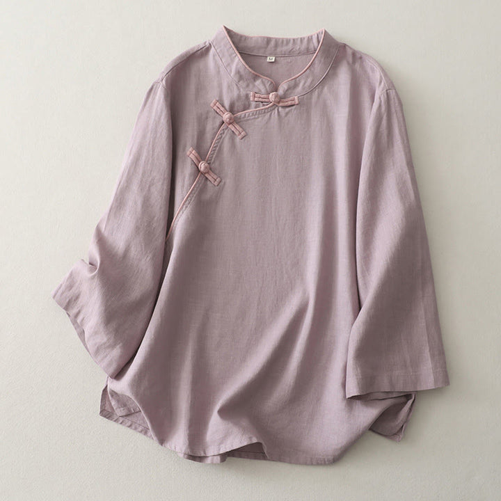 Buddha Stones無地 斜めボタン コットンリネン レディース シャツ - アザミ - US12、 UK/AU16、 EU44 (2XL) - image 3