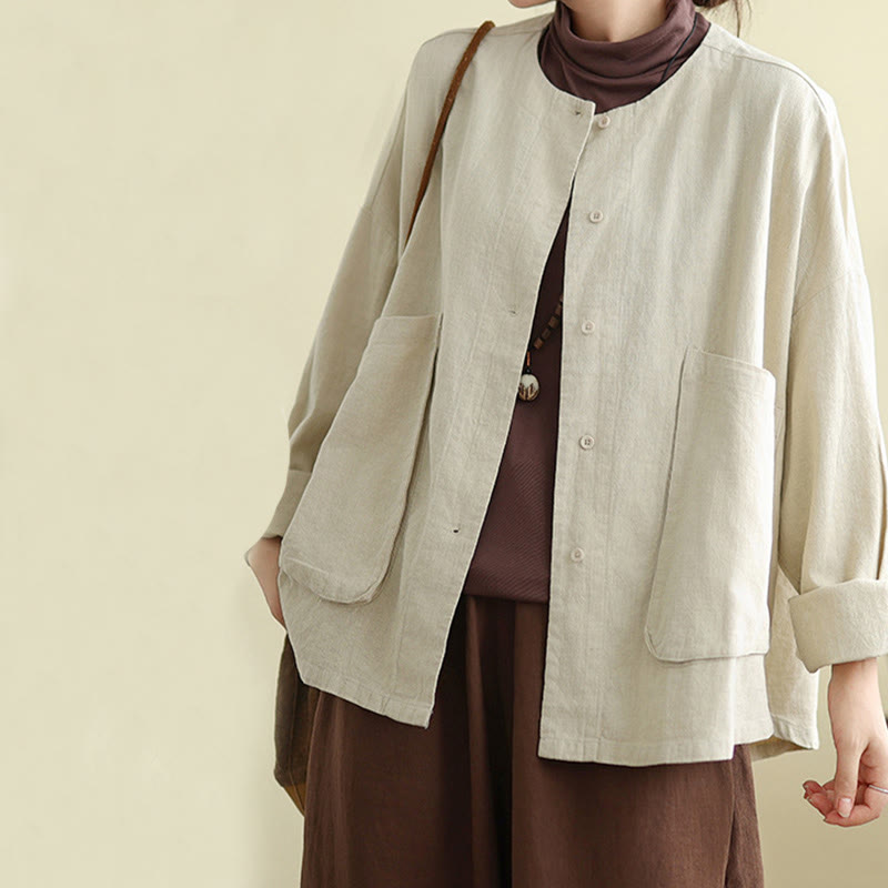 Buddha Stones無地デザイン 長袖 レディース コットンリネン ジャケット ポケット付き - image 5