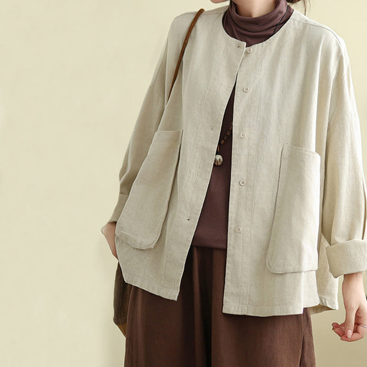 Buddha Stones無地デザイン 長袖 レディース コットンリネン ジャケット ポケット付き - image 5