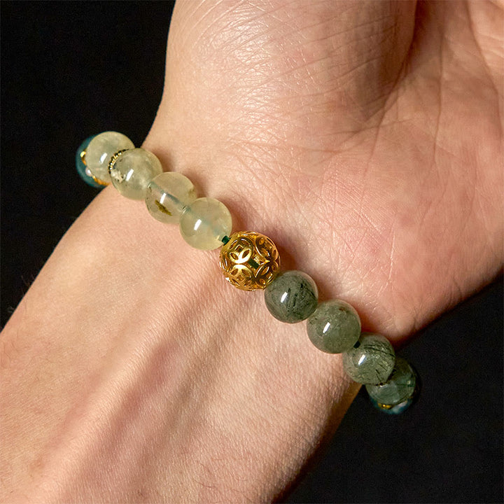 Buddha Stones天然グリーンファントムホワイトクリスタル翡翠ビーズ 幸運のブレスレット - image 5