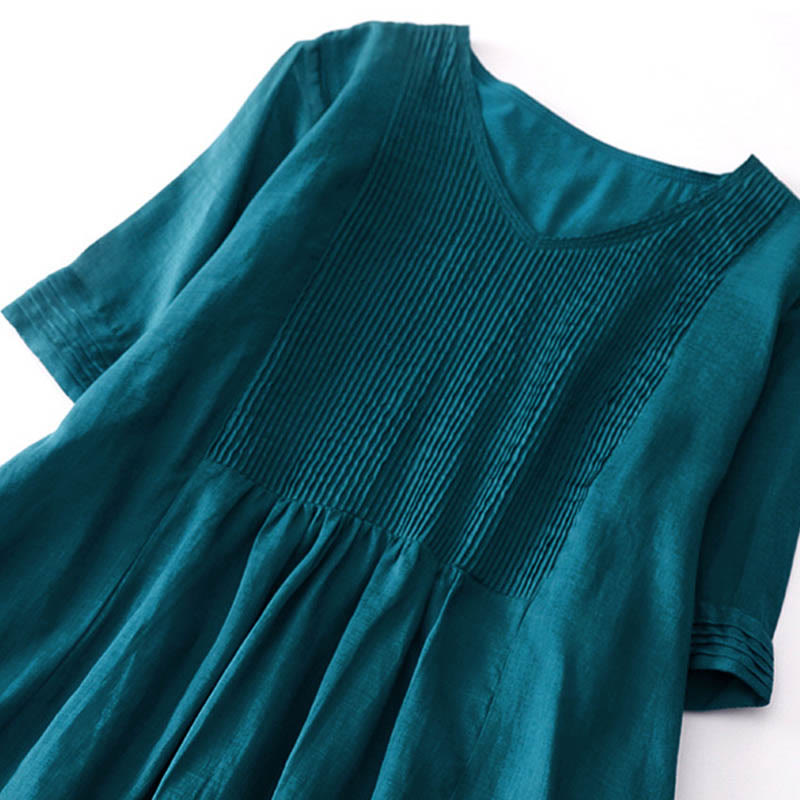 Buddha Stonesカジュアル アコーディオンプリーツ 無地 Vネック 半袖 コットン ミディドレス ポケット付き - image 41