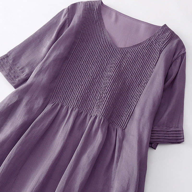 Buddha Stonesカジュアル アコーディオンプリーツ 無地 Vネック 半袖 コットン ミディドレス ポケット付き - image 3