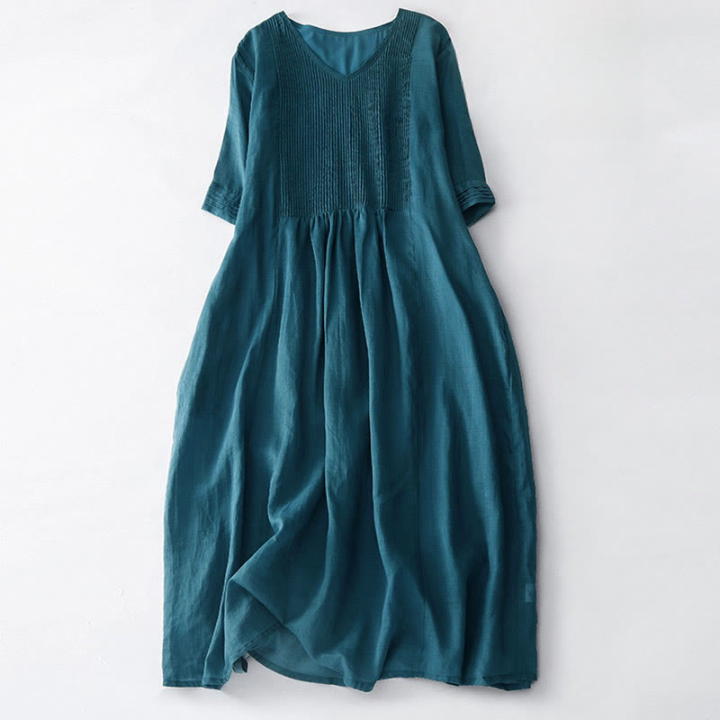 Buddha Stonesカジュアル アコーディオンプリーツ 無地 Vネック 半袖 コットン ミディドレス ポケット付き - スティールブルー - US14、 UK/AU18、 EU46 (2XL) - image 37