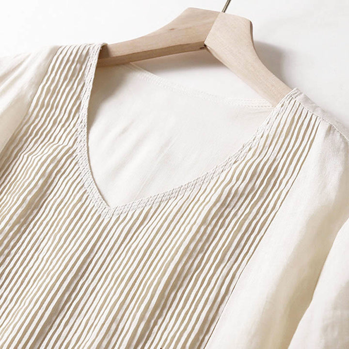 Buddha Stonesカジュアル アコーディオンプリーツ 無地 Vネック 半袖 コットン ミディドレス ポケット付き - image 35