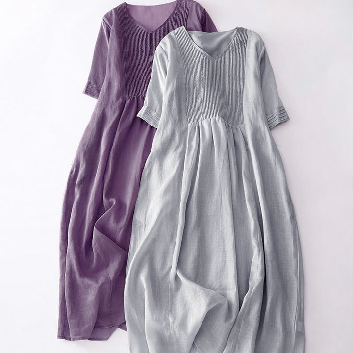 Buddha Stonesカジュアル アコーディオンプリーツ 無地 Vネック 半袖 コットン ミディドレス ポケット付き - image 11