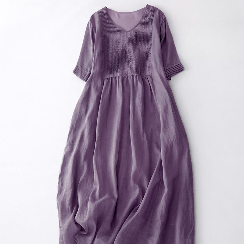 Buddha Stonesカジュアル アコーディオンプリーツ 無地 Vネック 半袖 コットン ミディドレス ポケット付き - image 4