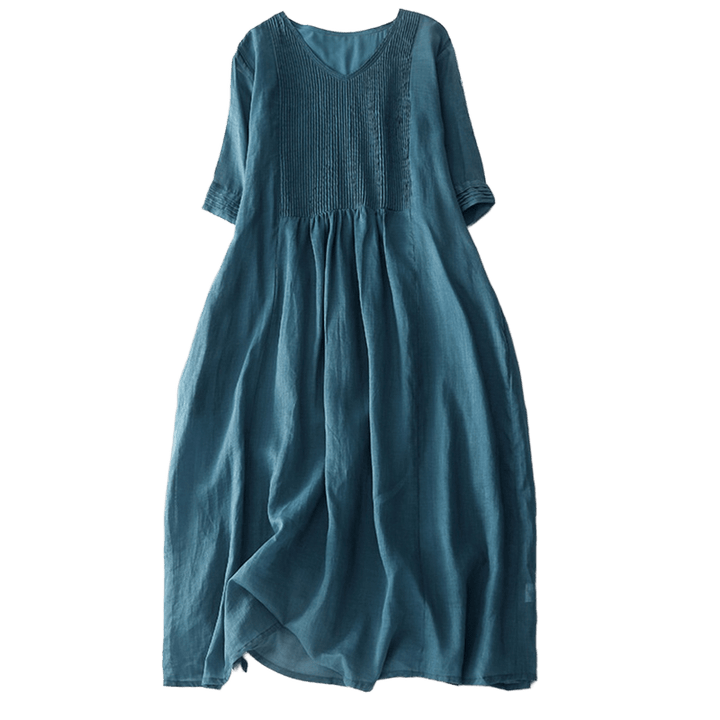 Buddha Stonesカジュアル アコーディオンプリーツ 無地 Vネック 半袖 コットン ミディドレス ポケット付き - image 38