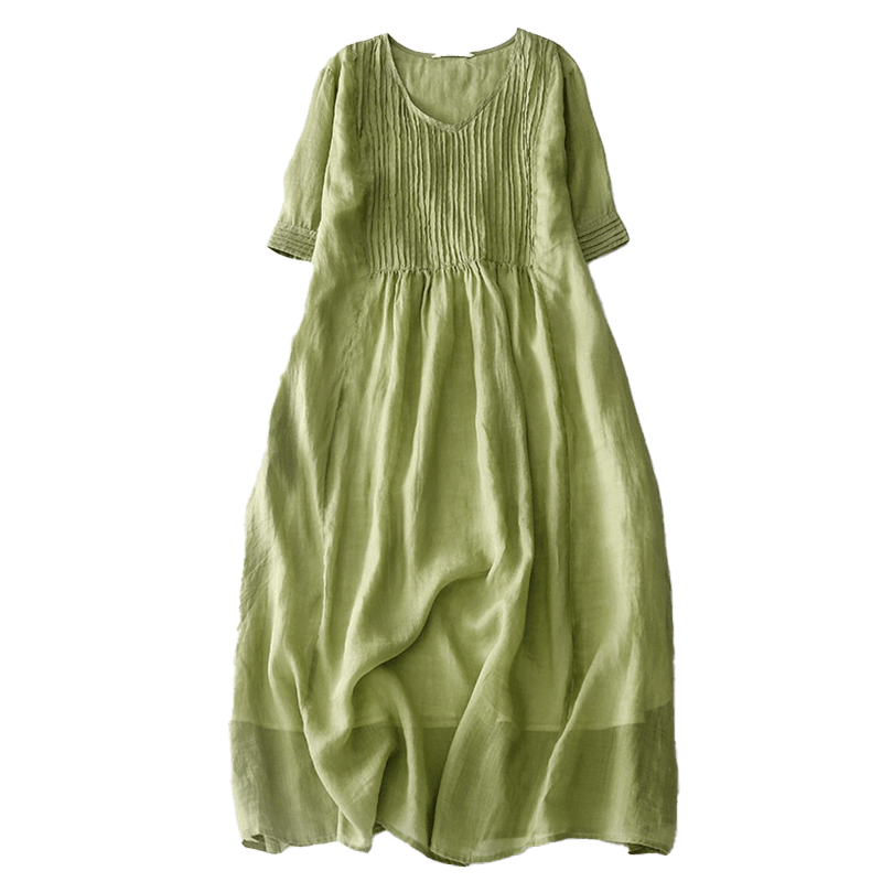 Buddha Stonesカジュアル アコーディオンプリーツ 無地 Vネック 半袖 コットン ミディドレス ポケット付き - image 14