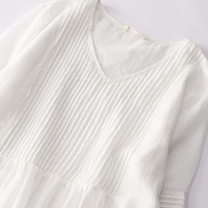 Buddha Stonesカジュアル アコーディオンプリーツ 無地 Vネック 半袖 コットン ミディドレス ポケット付き - image 47