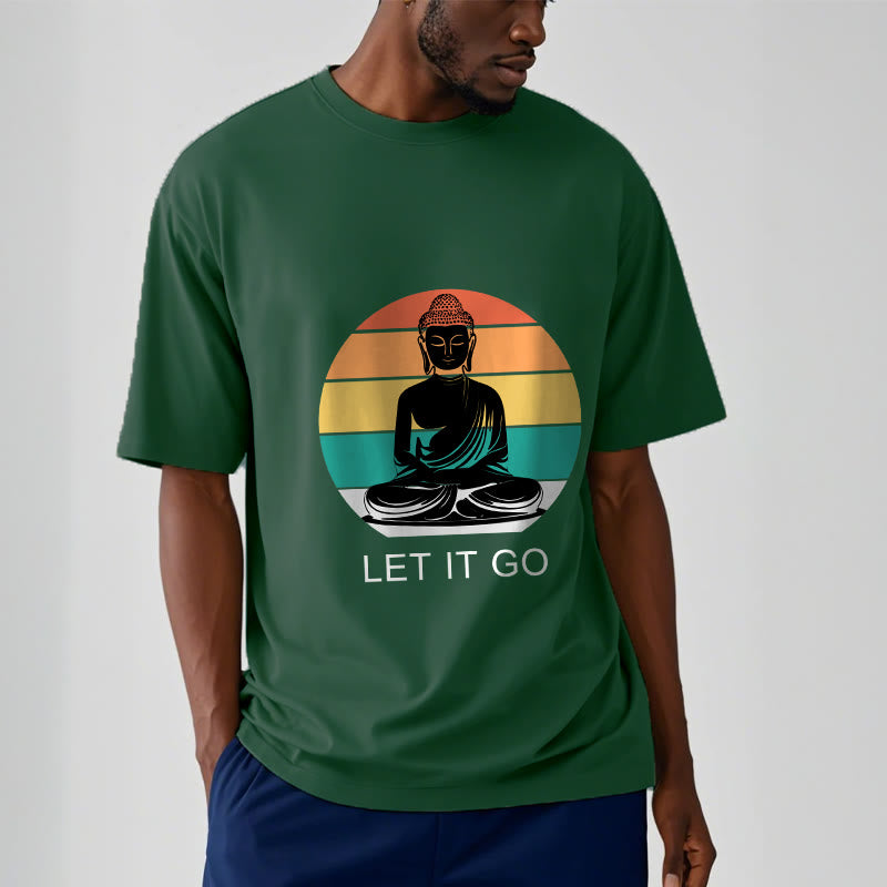 Buddha Stonesカジュアル カラフル ストライプ背景 瞑想する仏陀柄 コットンTシャツ - image 2