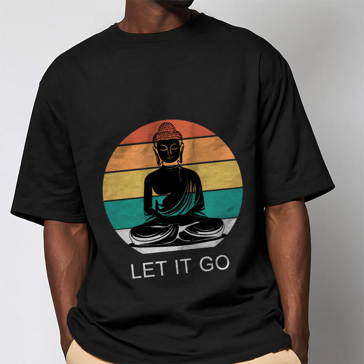 Buddha Stonesカジュアル カラフル ストライプ背景 瞑想する仏陀柄 コットンTシャツ - image 5