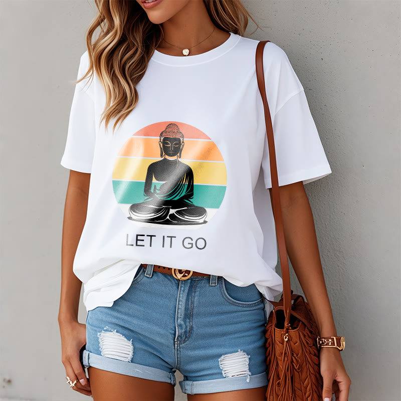 Buddha Stonesカジュアル カラフル ストライプ背景 瞑想する仏陀柄 コットンTシャツ - image 10