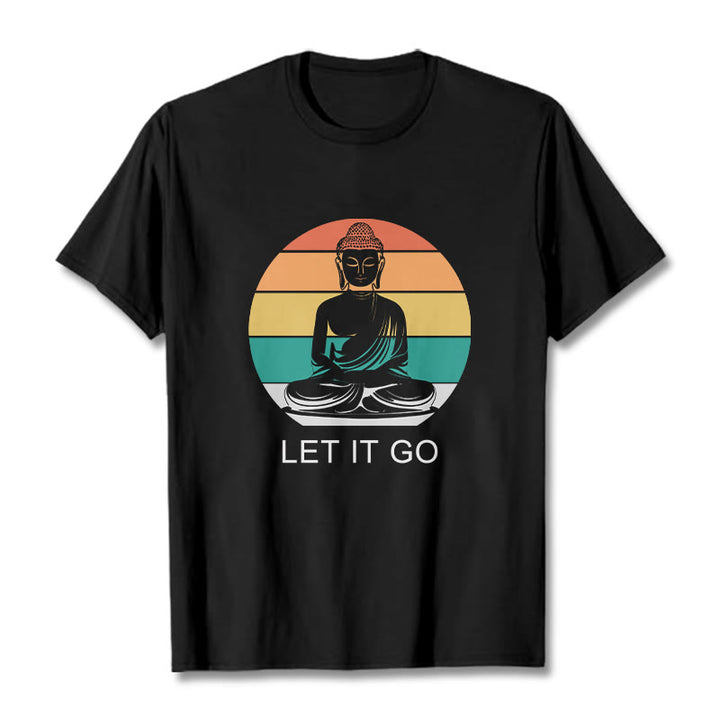 Buddha Stonesカジュアル カラフル ストライプ背景 瞑想する仏陀柄 コットンTシャツ - 黒 - 2XL - image 4