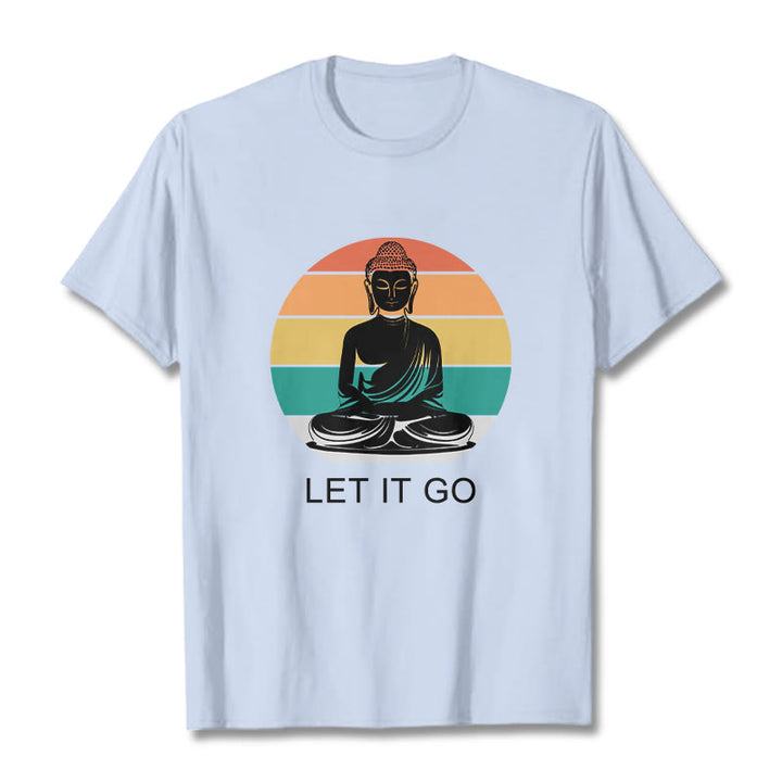 Buddha Stonesカジュアル カラフル ストライプ背景 瞑想する仏陀柄 コットンTシャツ - ライトシアン - 2XL - image 19