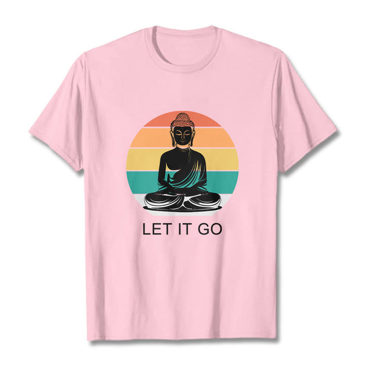 Buddha Stonesカジュアル カラフル ストライプ背景 瞑想する仏陀柄 コットンTシャツ - ライトピンク - 2XL - image 13