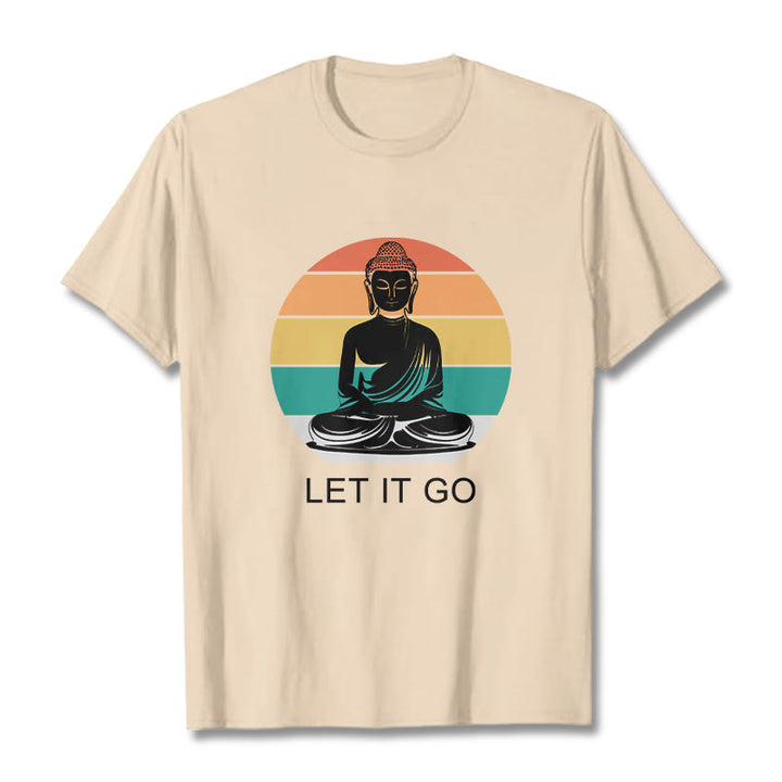 Buddha Stonesカジュアル カラフル ストライプ背景 瞑想する仏陀柄 コットンTシャツ - ビスク - 2XL - image 11