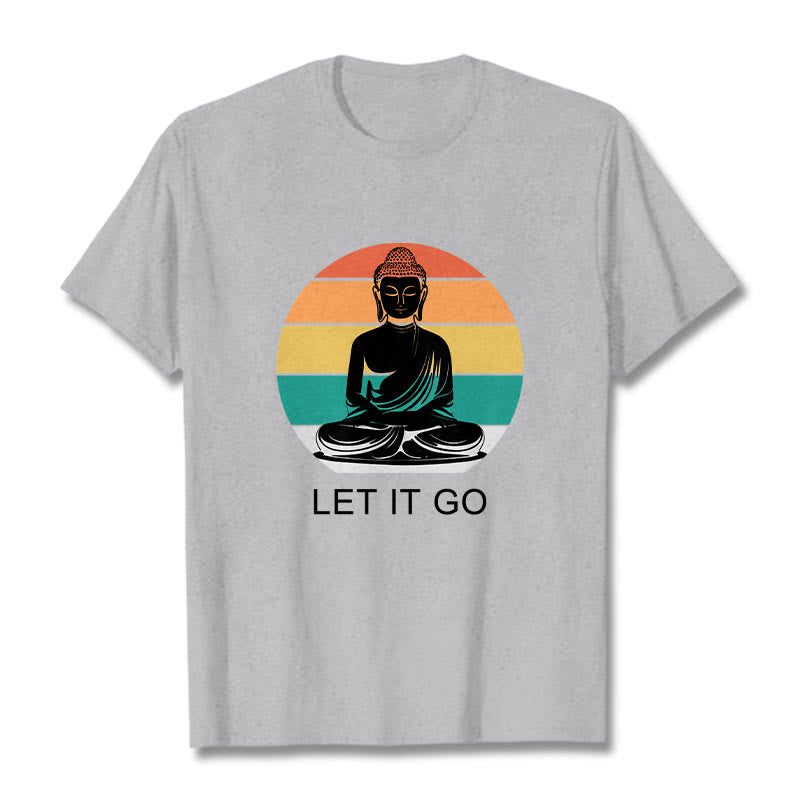 Buddha Stonesカジュアル カラフル ストライプ背景 瞑想する仏陀柄 コットンTシャツ - ライトグレー - 2XL - image 20