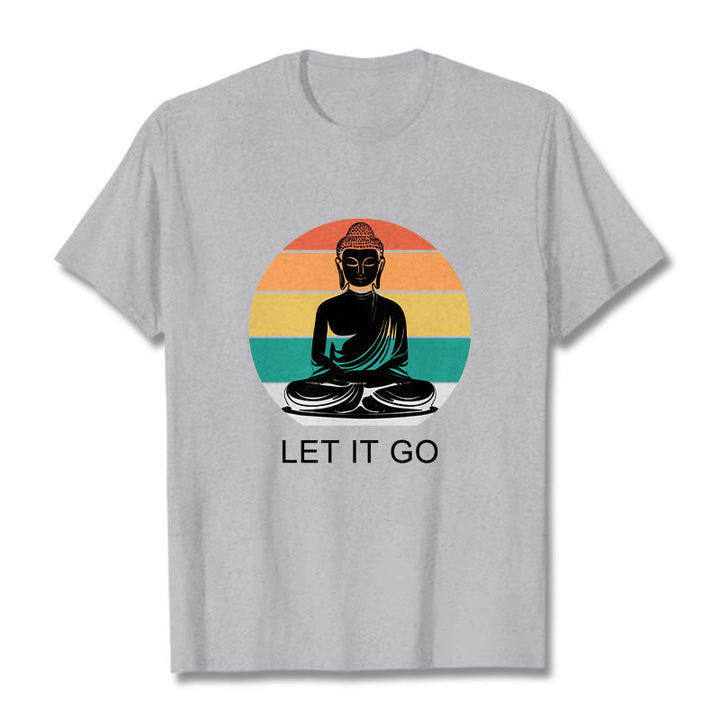 Buddha Stonesカジュアル カラフル ストライプ背景 瞑想する仏陀柄 コットンTシャツ - ライトグレー - 2XL - image 20