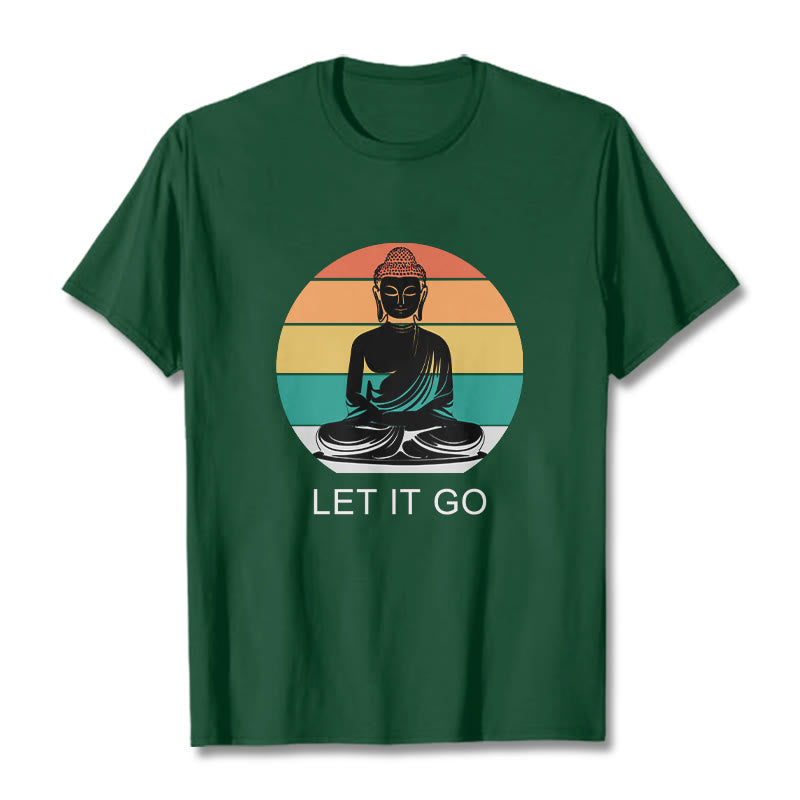 Buddha Stonesカジュアル カラフル ストライプ背景 瞑想する仏陀柄 コットンTシャツ - フォレストグリーン - 2XL - image 1