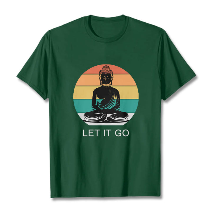 Buddha Stonesカジュアル カラフル ストライプ背景 瞑想する仏陀柄 コットンTシャツ - フォレストグリーン - 2XL - image 1