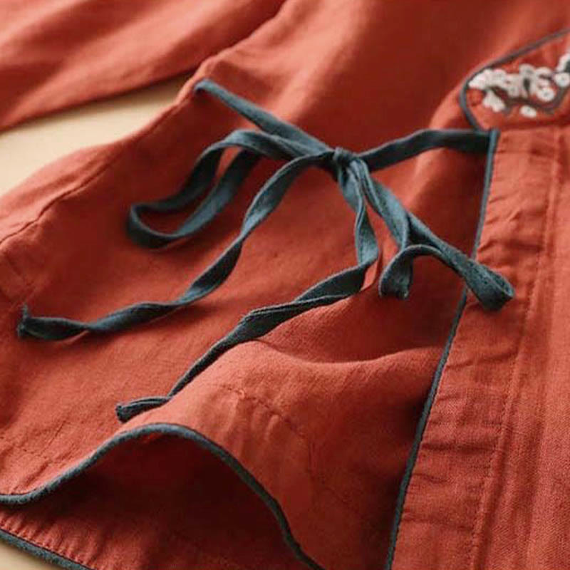 Buddha Stonesカジュアル 刺繍 花 斜め襟 ストラップ 長袖 コットン レディース シャツ - image 2