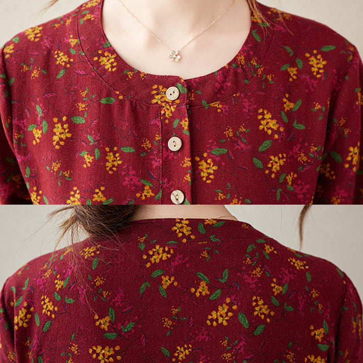 Buddha Stonesエスニックプリント花柄長袖ボタンデザインコットンリネンミディドレスポケット付き - image 17