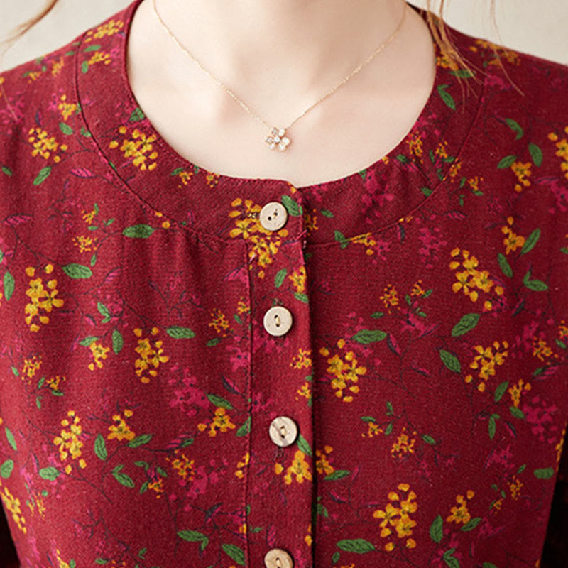 Buddha Stonesエスニックプリント花柄長袖ボタンデザインコットンリネンミディドレスポケット付き - image 16