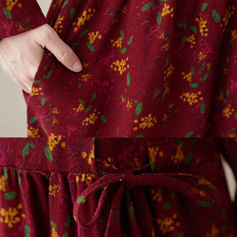 Buddha Stonesエスニックプリント花柄長袖ボタンデザインコットンリネンミディドレスポケット付き - image 19