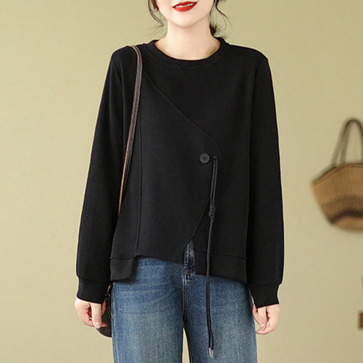 Buddha Stones秋 プレーンボタン クルーネック コットン プルオーバー レディース スウェットシャツ  - image 2