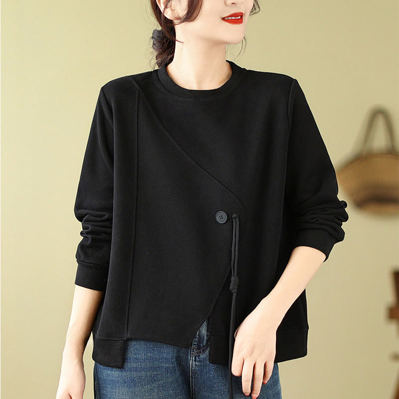 Buddha Stones秋 プレーンボタン クルーネック コットン プルオーバー レディース スウェットシャツ  - 黒 - US12、 UK/AU16、 EU44 (2XL) - image 1