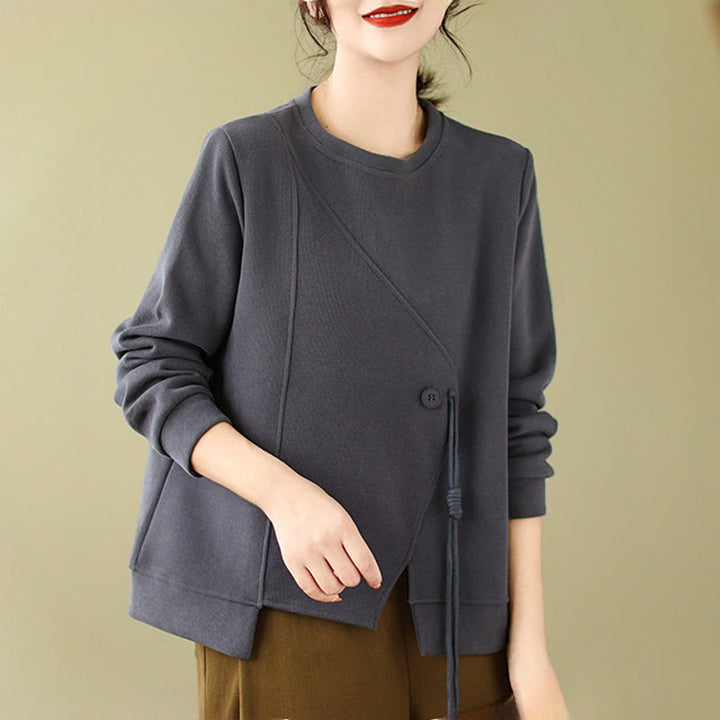 Buddha Stones秋 プレーンボタン クルーネック コットン プルオーバー レディース スウェットシャツ  - image 8