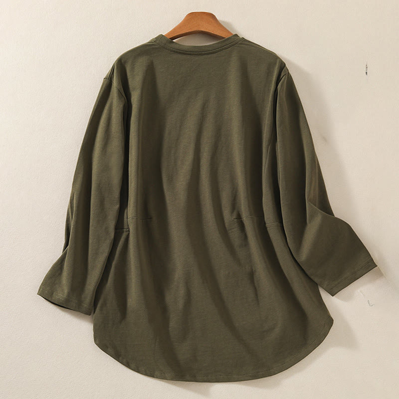 Buddha Stonesカジュアル ピュア イレギュラーヘム コットンリネン レディース ロングスリーブ Tシャツ - image 2