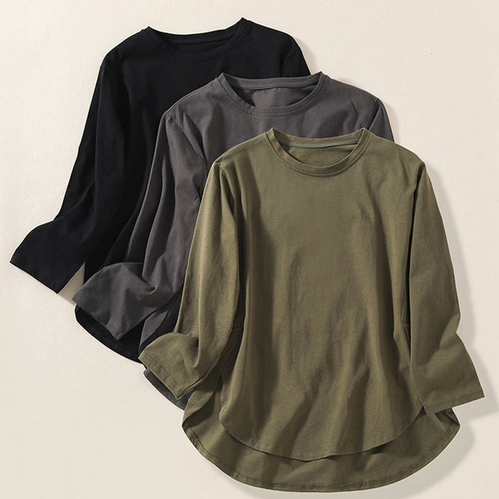 Buddha Stonesカジュアル ピュア イレギュラーヘム コットンリネン レディース ロングスリーブ Tシャツ - image 20