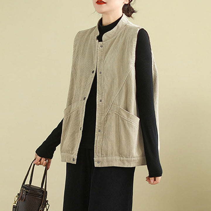 Buddha Stones無地ノースリーブレディースコットンベストコーデュロイウエストコートポケット付き - image 2