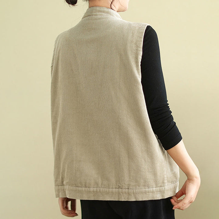 Buddha Stones無地ノースリーブレディースコットンベストコーデュロイウエストコートポケット付き - image 4