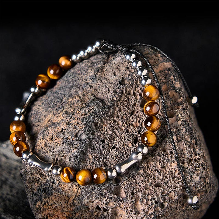Buddha Stonesかわいい骨模様 タイガーアイ 勇気ビーズブレスレット - タイガーアイ&チタンスチール(手首周り:15~21cm) - image 1