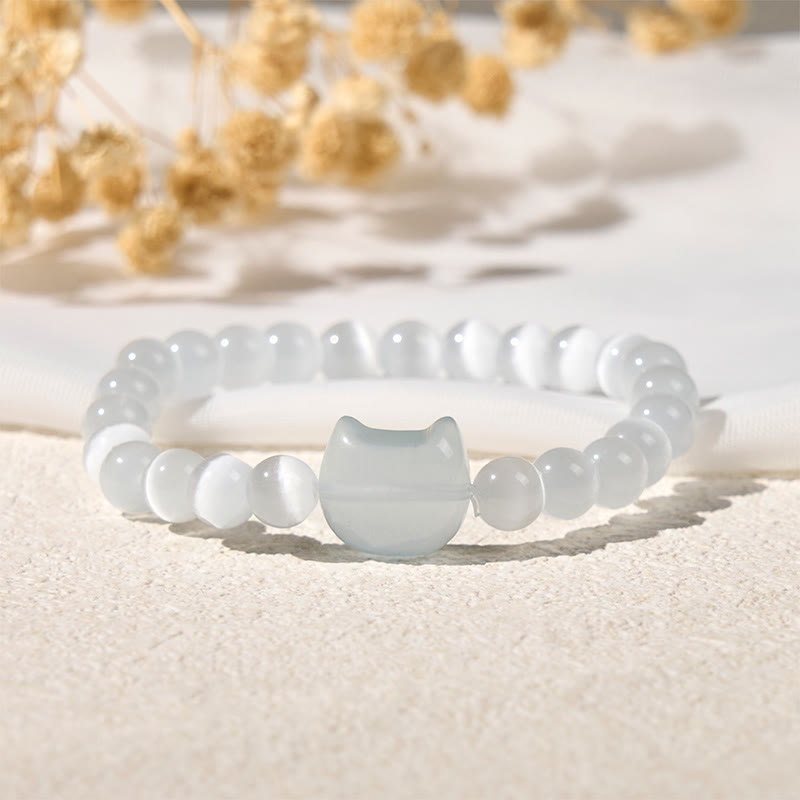 Buddha Stones愛らしい猫の頭 ピンクキャッツアイ ホワイトキャッツアイ スピリチュアルビーズブレスレット - image 9