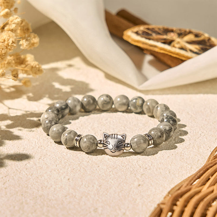 Buddha Stonesかわいい猫 天然グレージャスパービーズ ヒーリングブレスレット - image 2