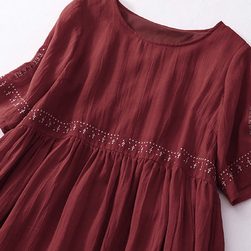 Buddha Stones無地刺繍半袖コットンミディドレス - image 28