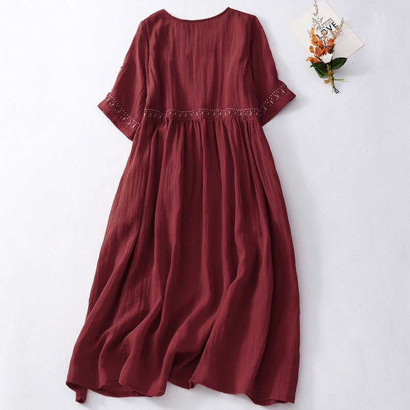 Buddha Stones無地刺繍半袖コットンミディドレス - image 18