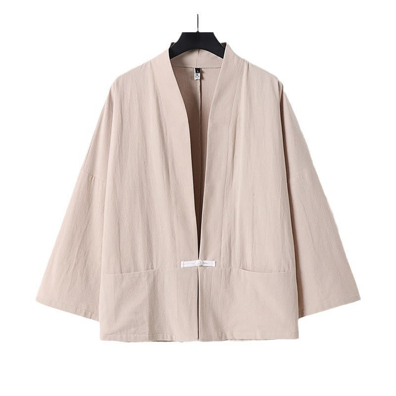 Buddha Stonesの長袖ボタンデザインメンズオープンフロントコットンリネンジャケット着物ポケット付き - image 14