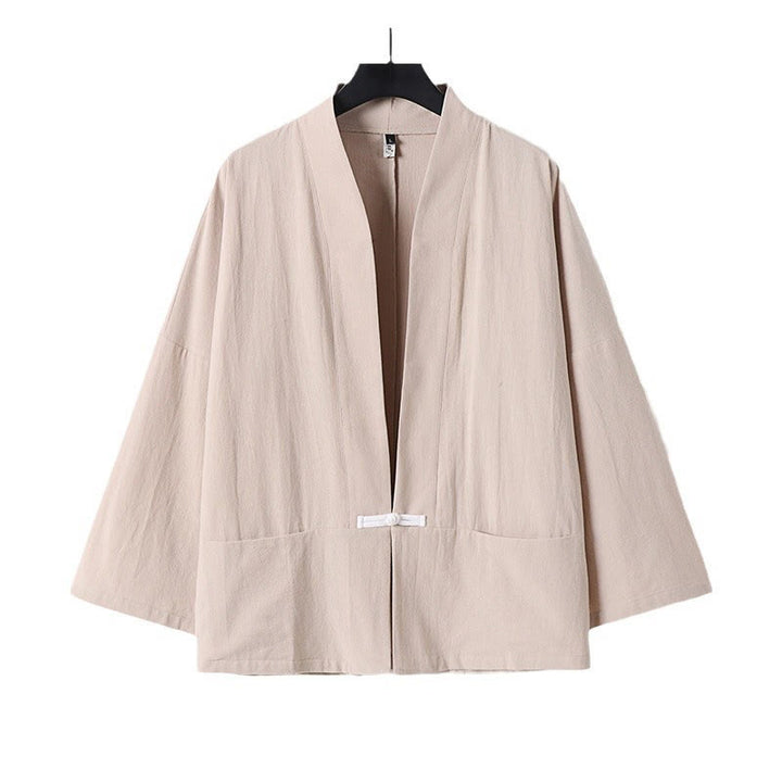 Buddha Stonesの長袖ボタンデザインメンズオープンフロントコットンリネンジャケット着物ポケット付き - image 14