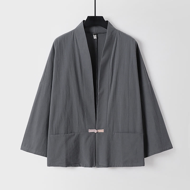 Buddha Stonesの長袖ボタンデザインメンズオープンフロントコットンリネンジャケット着物ポケット付き - ディムグレー - US/UK/AU54、 EU64 (9XL) - image 1