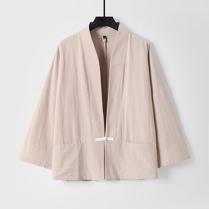 Buddha Stonesの長袖ボタンデザインメンズオープンフロントコットンリネンジャケット着物ポケット付き - ブランチドアーモンド - US/UK/AU54、 EU64 (9XL) - image 4