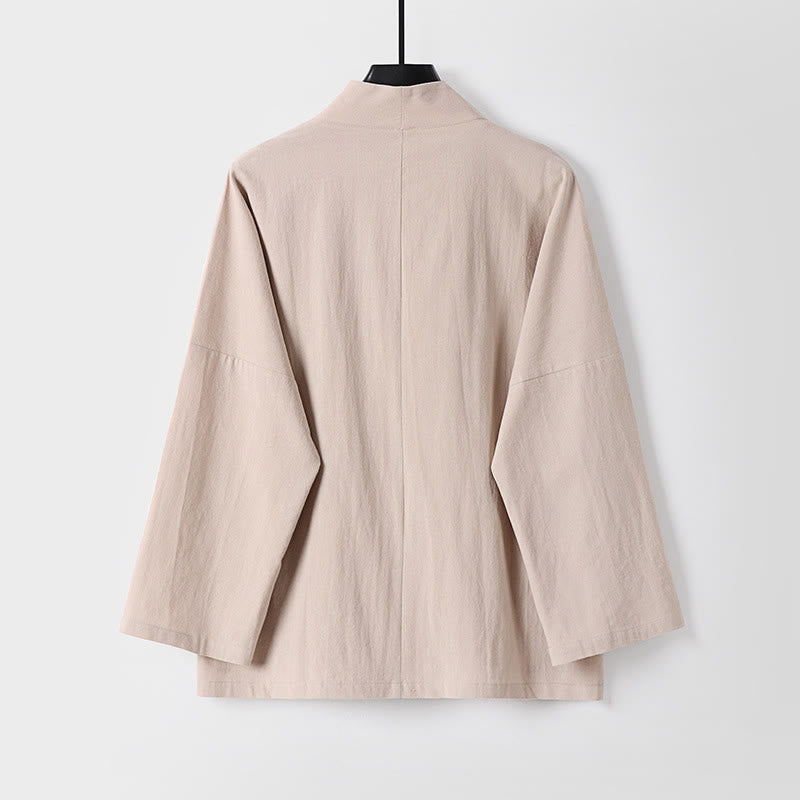 Buddha Stonesの長袖ボタンデザインメンズオープンフロントコットンリネンジャケット着物ポケット付き - image 5