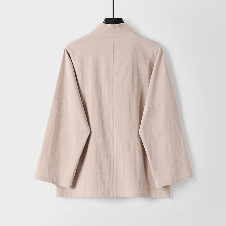 Buddha Stonesの長袖ボタンデザインメンズオープンフロントコットンリネンジャケット着物ポケット付き - image 5