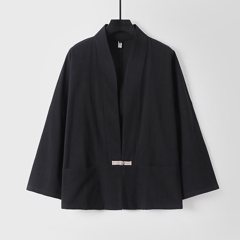 Buddha Stonesの長袖ボタンデザインメンズオープンフロントコットンリネンジャケット着物ポケット付き - 黒 - US/UK/AU54、 EU64 (9XL) - image 3