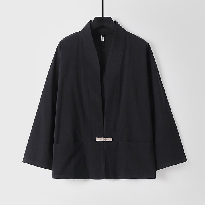 Buddha Stonesの長袖ボタンデザインメンズオープンフロントコットンリネンジャケット着物ポケット付き - 黒 - US/UK/AU54、 EU64 (9XL) - image 3