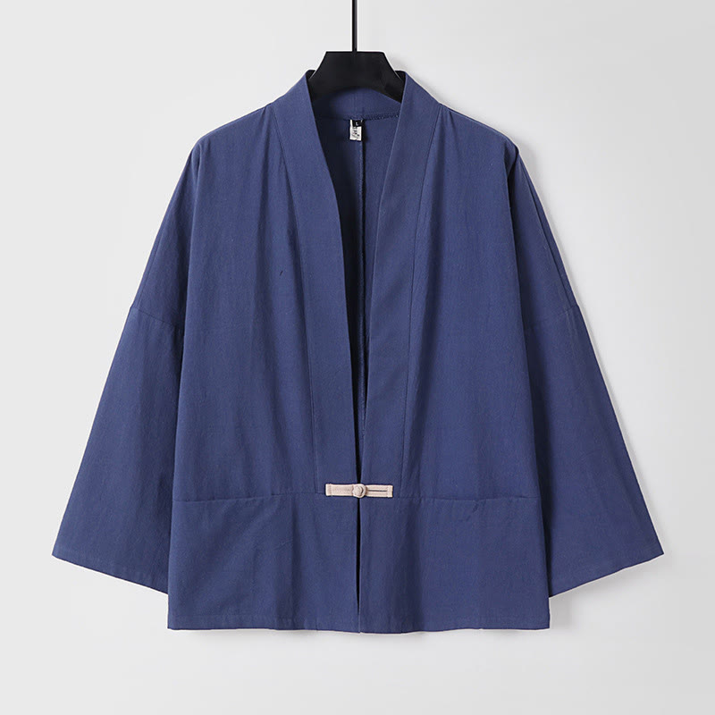 Buddha Stonesの長袖ボタンデザインメンズオープンフロントコットンリネンジャケット着物ポケット付き - ダークスレートブルー - US/UK/AU54、 EU64 (9XL) - image 15